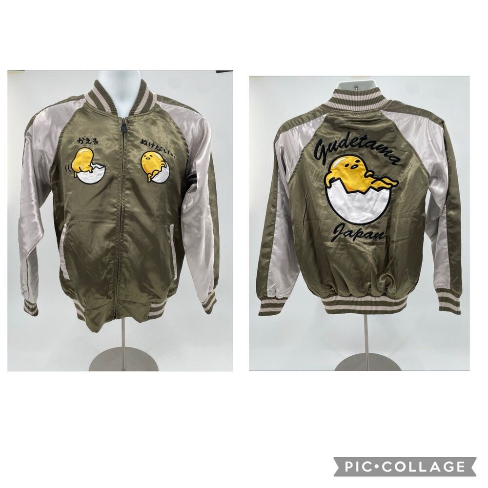 Sukajan Sanrio Gudetama Japan Satin Jacket M Olive Green Varsity Embroidered NEW